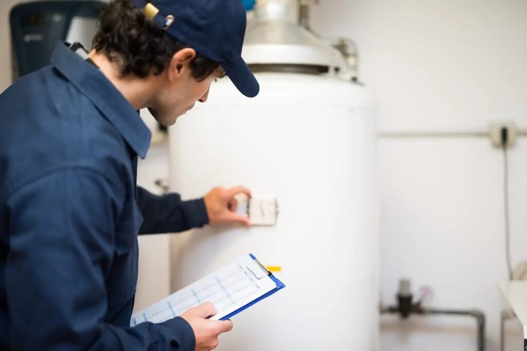 A plumber is checking and repairing a water heater.