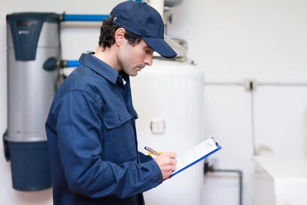 A plumber standing next to a new water heater, writing on a clipboard